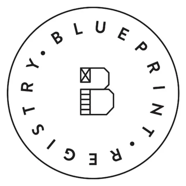 The image shows a circular logo with the stylized letter "B" in the center and the words "Blueprint Registry" arranged around the circumference.