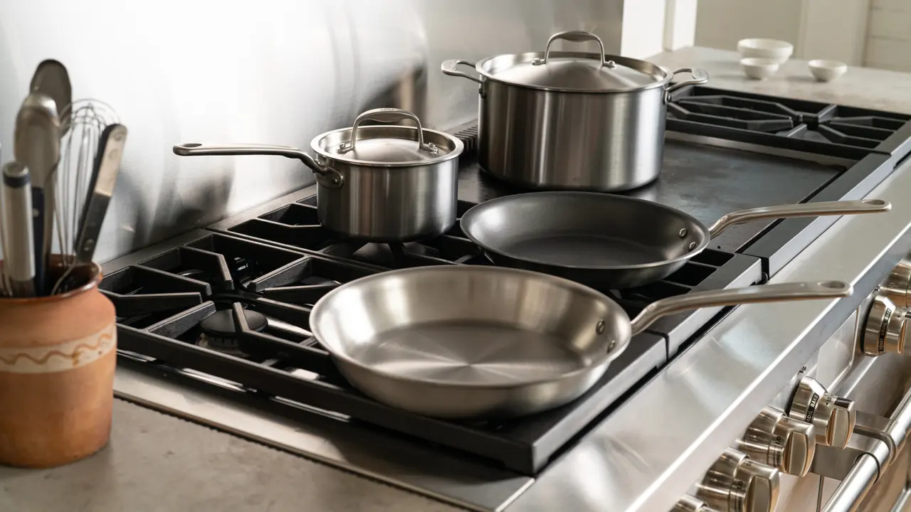Cookware on stove with mise en place bowls in bg