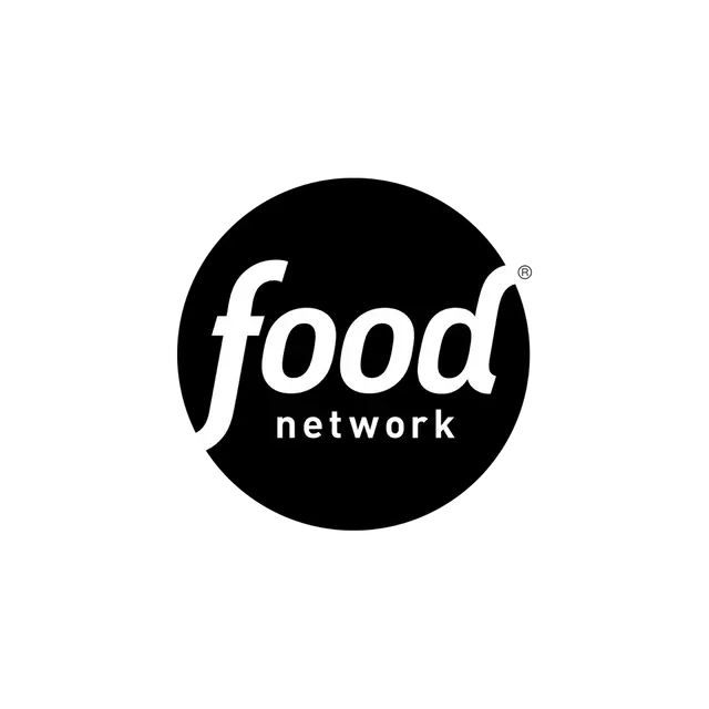The image shows the black-and-white logo of the Food Network, featuring stylized lowercase letters with a swooping 'f' and 'n'.